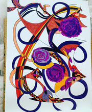 Load image into Gallery viewer, Bouquet  22 x 30 ink and acrylic on Fabriano paper   Jonathan brought me a purple flower one evening that he had found that morning. He held onto it all day.  It was gorgeous shades of purple, that withstood a day of varying temperatures and adventures, and was struggling with all its might to keep shining by the time it got to me.  Here is a bouquet to forever cherish the sweetness of it all.